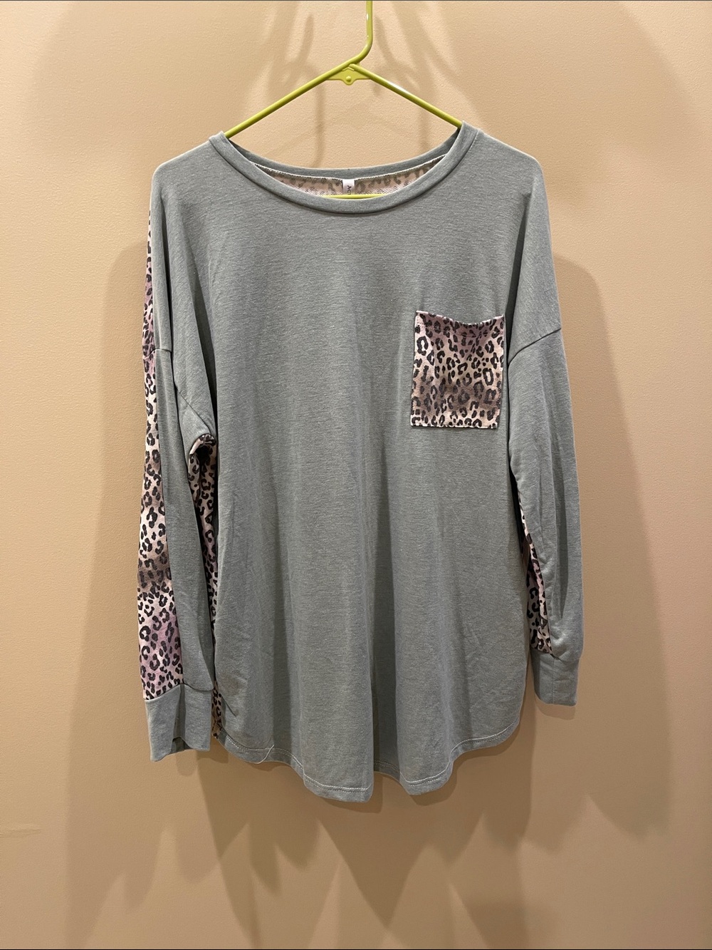Sage Long Sleeve Top with leopard  Print Pocket & back.